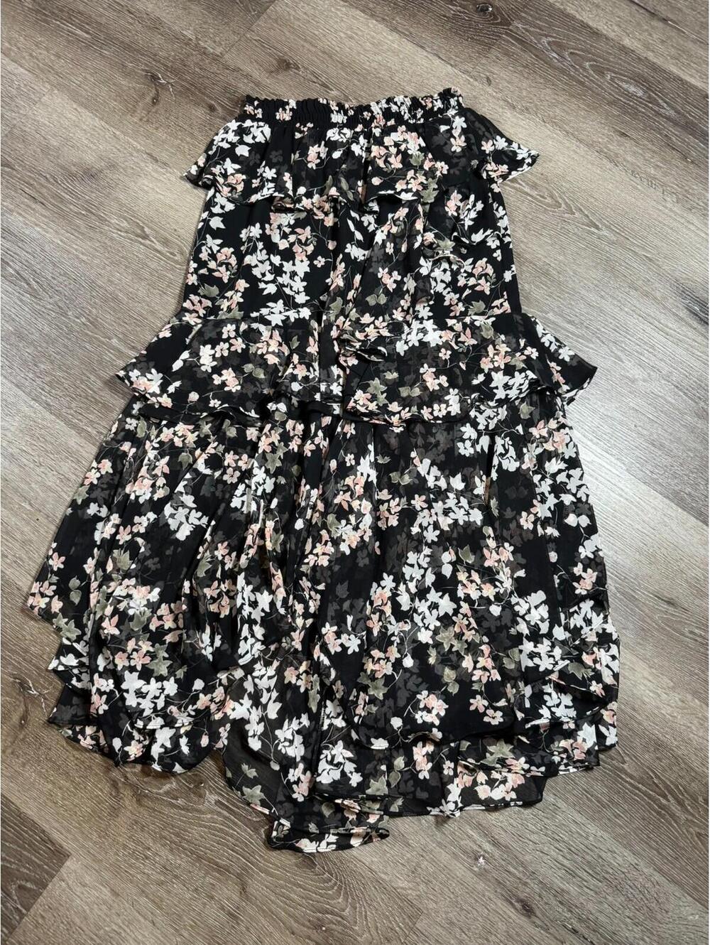 MISA LOS ANGELES Black Floral Ruffle Midi Skirt Size XS (224)